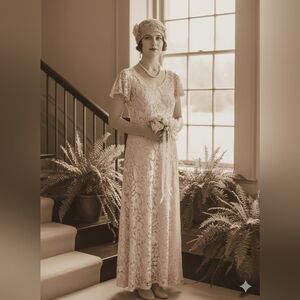 1930s–40s Lace Wedding Dress & Silk Slip Ensemble